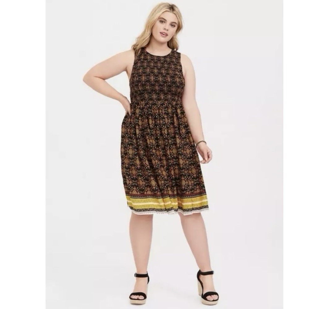 Torrid Colorful Black Yellow Orange Smocked Sleeveless‎ Midi Challis Dress 1X